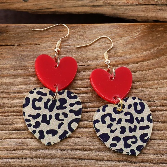 Red and Black Leopard Print Heart Earrings - Picture 2 of 4
